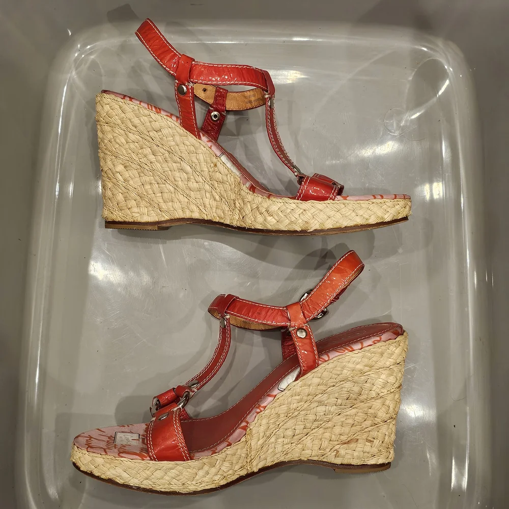 COACH Red Wedge Espadrille Sandals